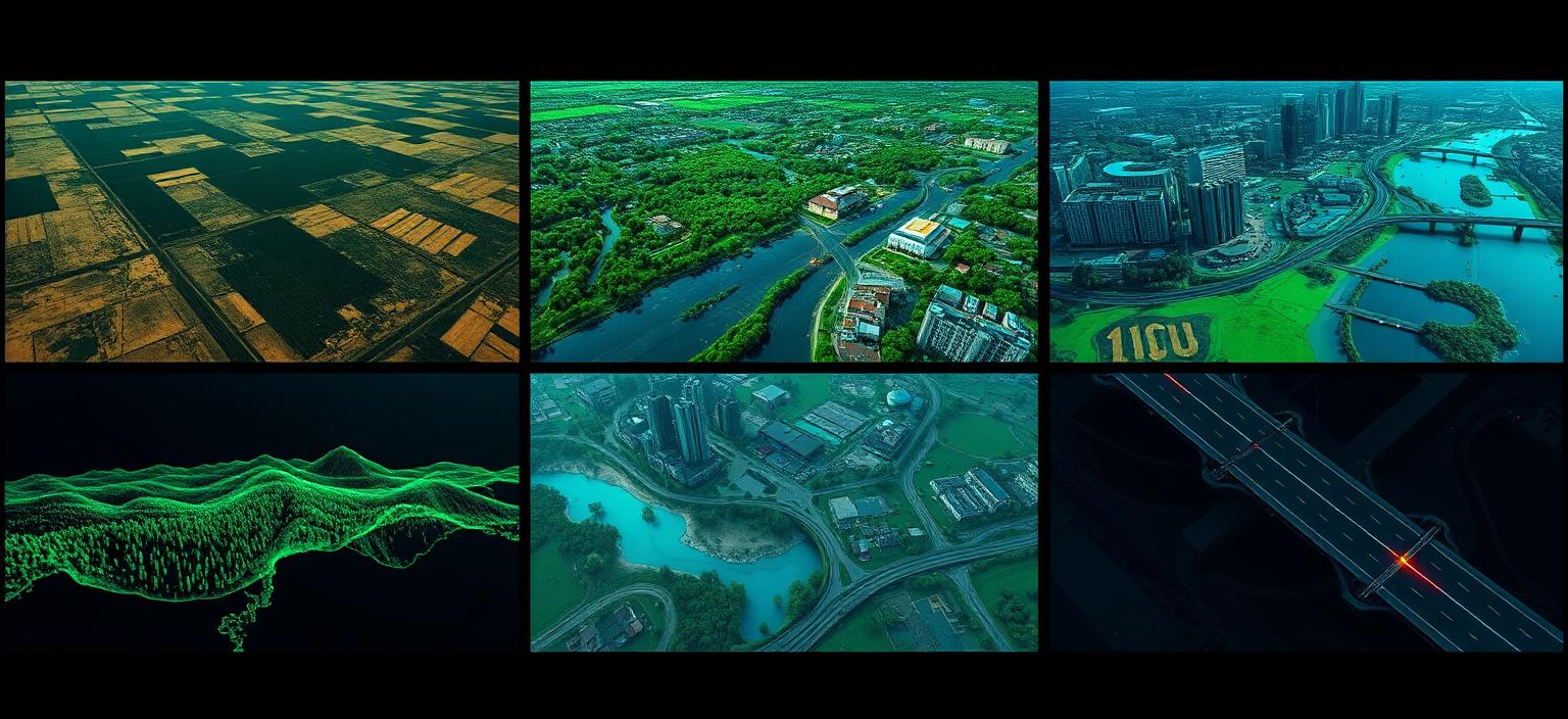 Collage of geospatial applications across agriculture, environment, urban planning, disaster response, natural resources and infrastructure