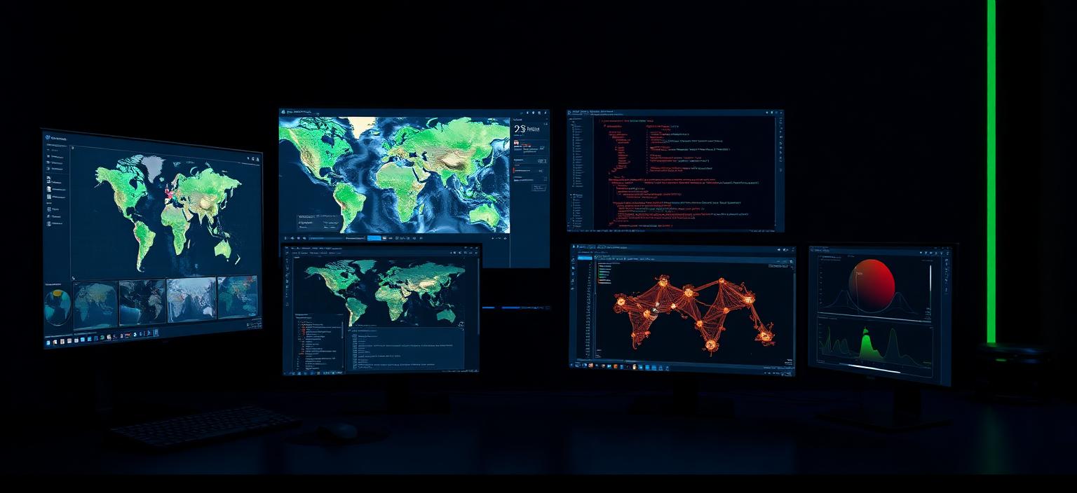 Geospatial technology workspace with GIS maps, code and AI dashboards on multiple screens