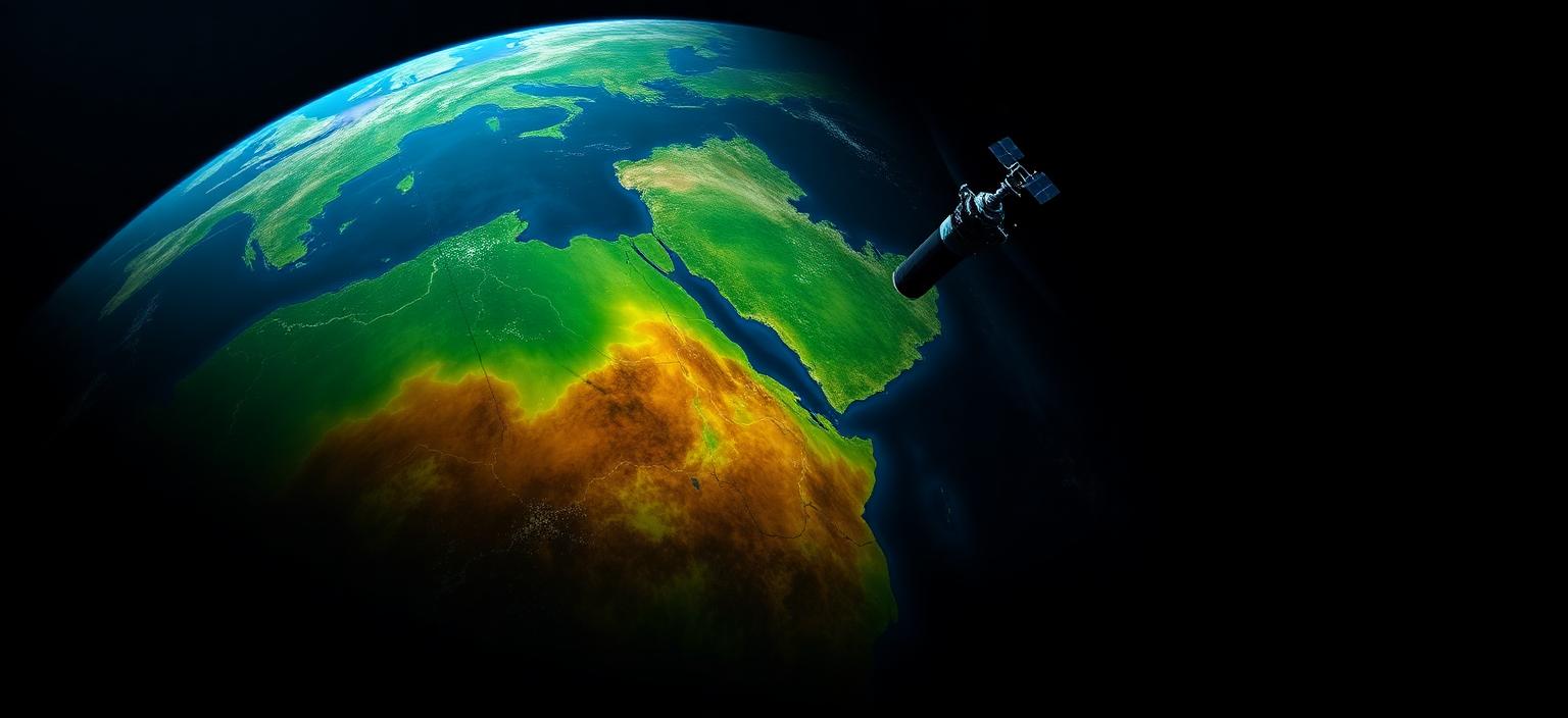 Satellite scanning Earth with spectral data layers
